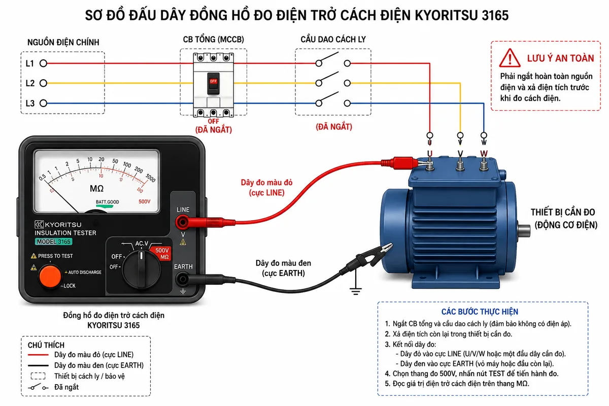 Sơ đồ đấu dây của đồng hồ đo điện trở cách điện KYORITSU 3165, thể hiện hai cực LINE và EARTH của máy đo kết nối đến đối tượng cần kiểm tra cách điện như động cơ hoặc cáp điện, nguồn điện chính đã được ngắt qua CB bảo vệ trước khi đo, hiển thị rõ thiết bị cần đo, cầu dao hoặc aptomat cách ly nguồn, dây đo màu đỏ và đen cùng các chú thích tiếng Việt.