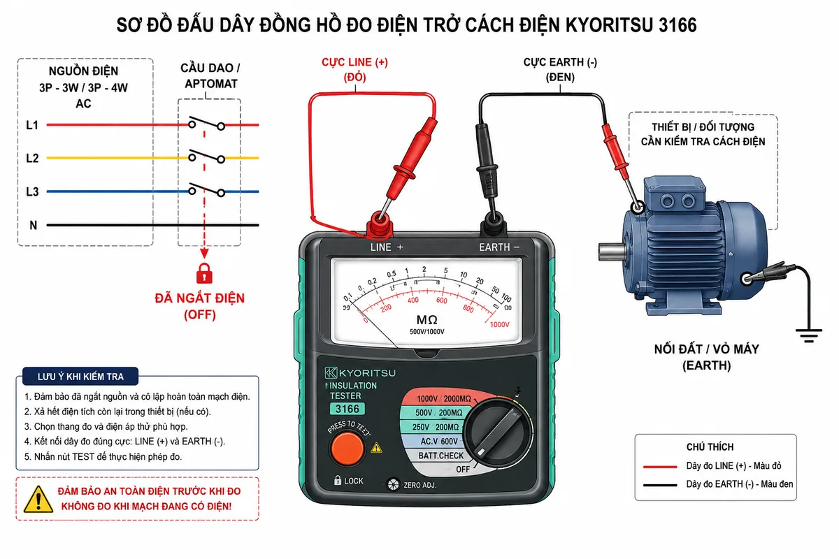 Sơ đồ đấu dây kết nối đồng hồ đo điện trở cách điện KYORITSU 3166 với thiết bị cần kiểm tra, thể hiện rõ cực LINE và EARTH của máy đo, dây đo que thử và kẹp cá sấu, đối tượng kiểm tra cách điện, nguồn điện đã được cô lập, cầu dao hoặc aptomat bảo vệ ở trạng thái ngắt, chú thích tiếng Việt, phong cách sơ đồ kỹ thuật nền trắng