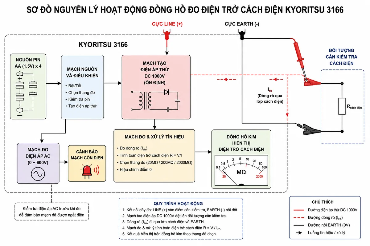 Sơ đồ nguyên lý hoạt động của đồng hồ đo điện trở cách điện KYORITSU 3166 gồm các khối: nguồn pin AA, mạch tạo điện áp thử DC 1000V, cực LINE và EARTH, đối tượng cần kiểm tra cách điện, dòng rò qua lớp cách điện, mạch đo xử lý tín hiệu, đồng hồ kim hiển thị điện trở cách điện và khối đo điện áp AC cảnh báo mạch còn điện, các mũi tên thể hiện luồng hoạt động, chú thích tiếng Việt, nền trắng